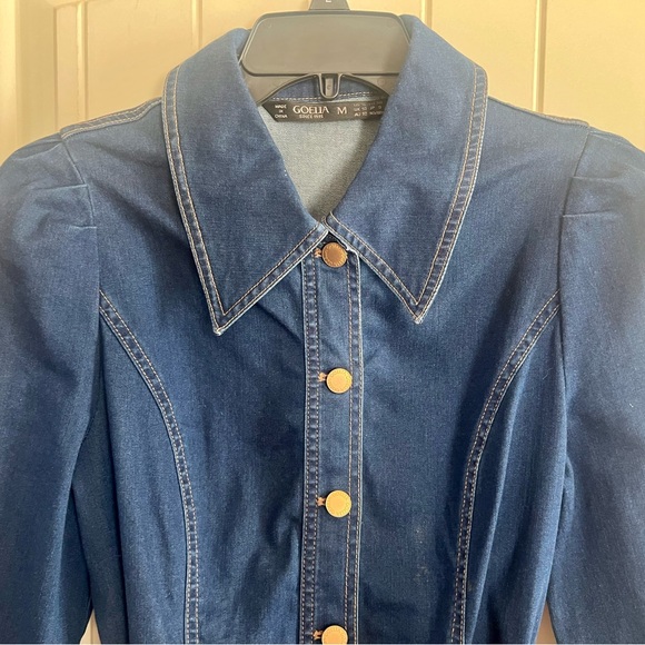 Women's Denim Dress Button Down Lapel Collar Casual Midi Dress with Belt - Picture 15 of 16